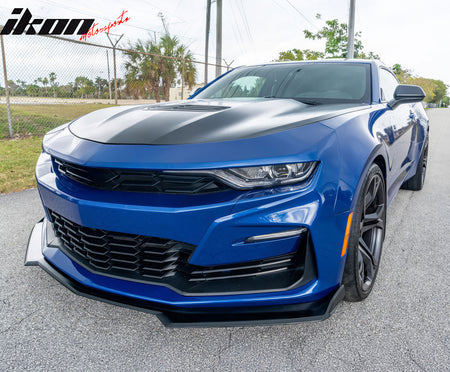 IKON MOTORSPORTS Front Bumper Cover, Compatible with 2019-2024 Chevy Camaro RS/SS, SS Style Unpainted PP Replacement Bumper Conversion W/ Daytime Running Light DRL Foglights + Matte Black Lip