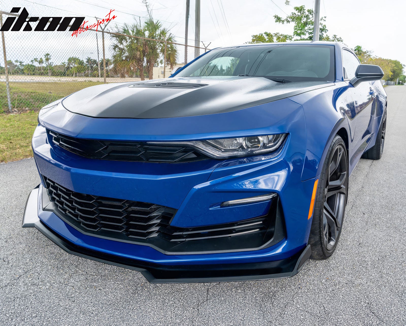 IKON MOTORSPORTS Front Bumper Cover, Compatible with 2019-2024 Chevy Camaro RS/SS, SS Style Unpainted PP Bumper Conversion Replacement W/ Daytime Running Light DRL Turn Signal + Matte Black Lip