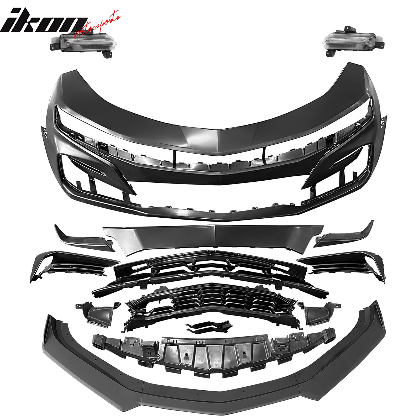 Fits 19-24 Camaro SS PP Front Bumper Cover + LED DRL Turn Signal Matte Black Lip