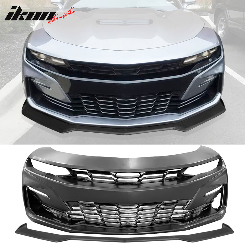 Fits 19-24 Chevy Camaro 19 SS Style Front Bumper Cover LED DRL + Matte Black Lip
