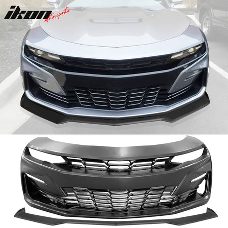 Fits 19-24 Chevy Camaro 19 SS Style Front Bumper Cover LED DRL + Matte Black Lip