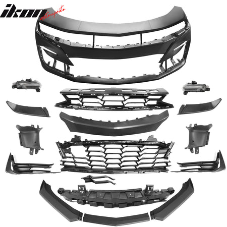 IKON MOTORSPORTS Front Bumper Cover, Compatible with 2019-2024 Camaro LS LT LT1, 19 SS Unpainted PP Replacement Bumper Conversion + Matte Black Lip W/ Turn Signal Daytime Running Light DRL Foglights