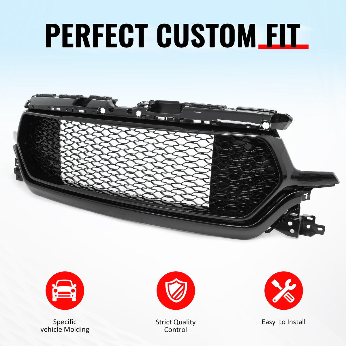 IKON MOTORSPORTS Front Upper Grille, Compatible with 2019-2024 Ram 1500 Longhorn/Laramie Longhorn/Limited/Limited Longhorn, Honeycomb Style Gloss Black ABS Replacement Front Bumper Hood Mesh Grill