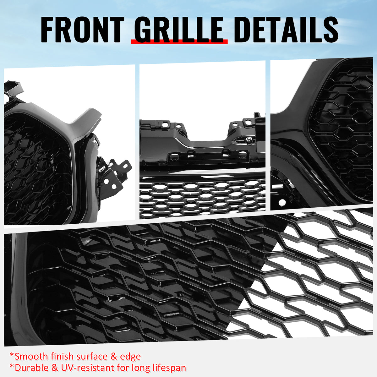 Fits 19-24 Ram 1500 Longhorn Honeycomb Front Bumper Hood Grille Gloss Black ABS