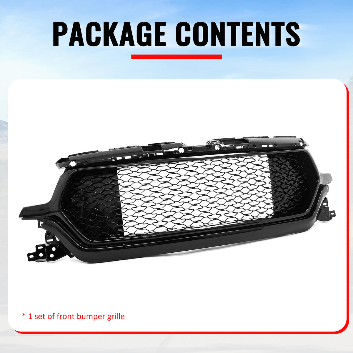 Fits 19-24 Ram 1500 Longhorn Honeycomb Front Bumper Hood Grille Gloss Black ABS