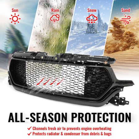 Fits 19-24 Ram 1500 Longhorn Honeycomb Front Bumper Hood Grille Gloss Black ABS