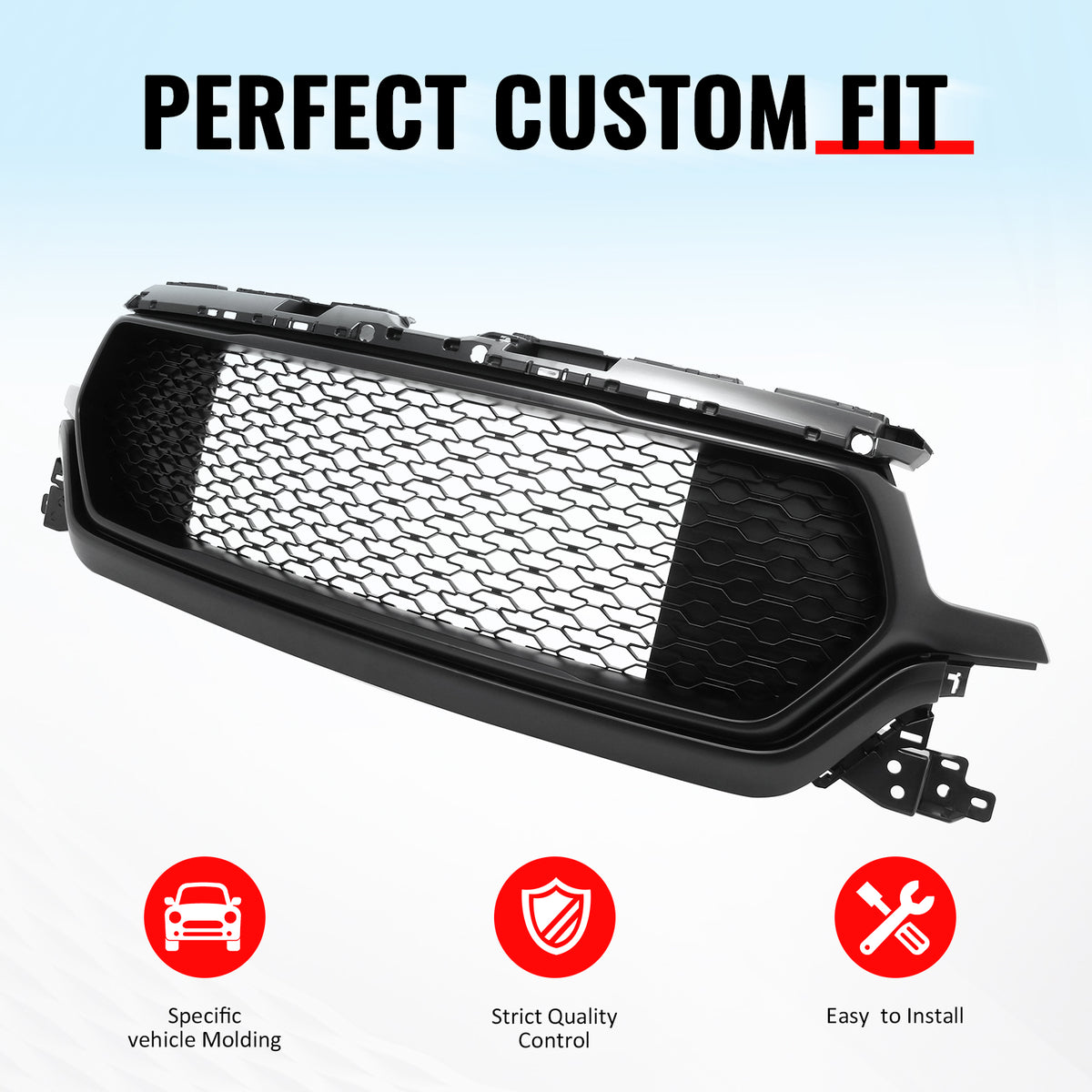 IKON MOTORSPORTS Front Upper Grille, Compatible with 2019-2024 Ram 1500 Longhorn/Laramie Longhorn/Limited/Limited Longhorn, Honeycomb Style Matte Black ABS Replacement Front Bumper Hood Mesh Grill