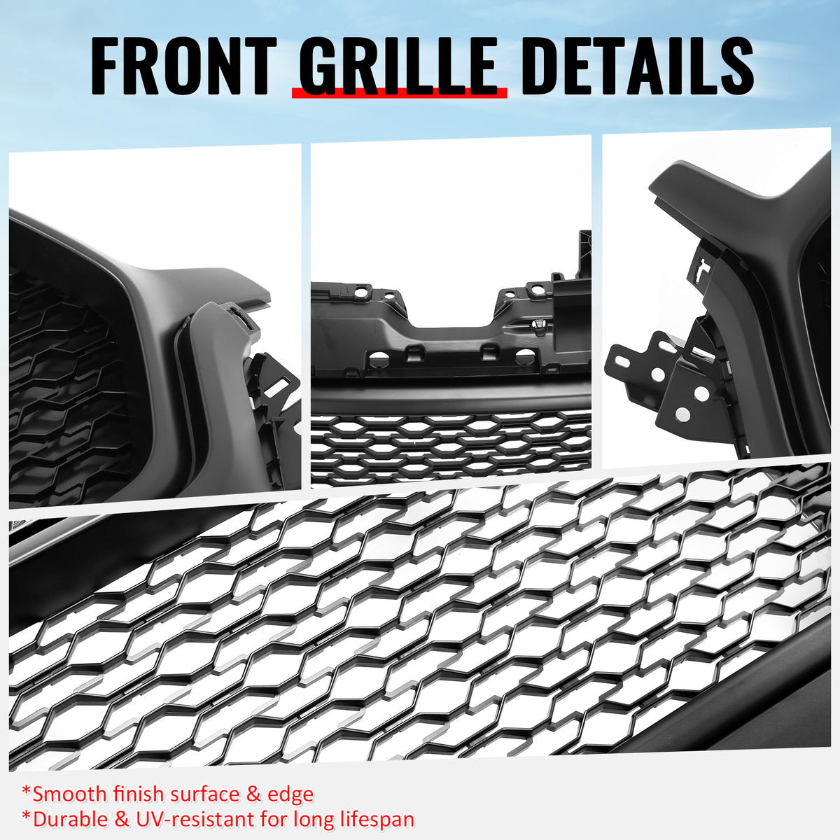 Fits 19-24 Ram 1500 Longhorn Honeycomb Front Bumper Hood Grille Matte Black ABS