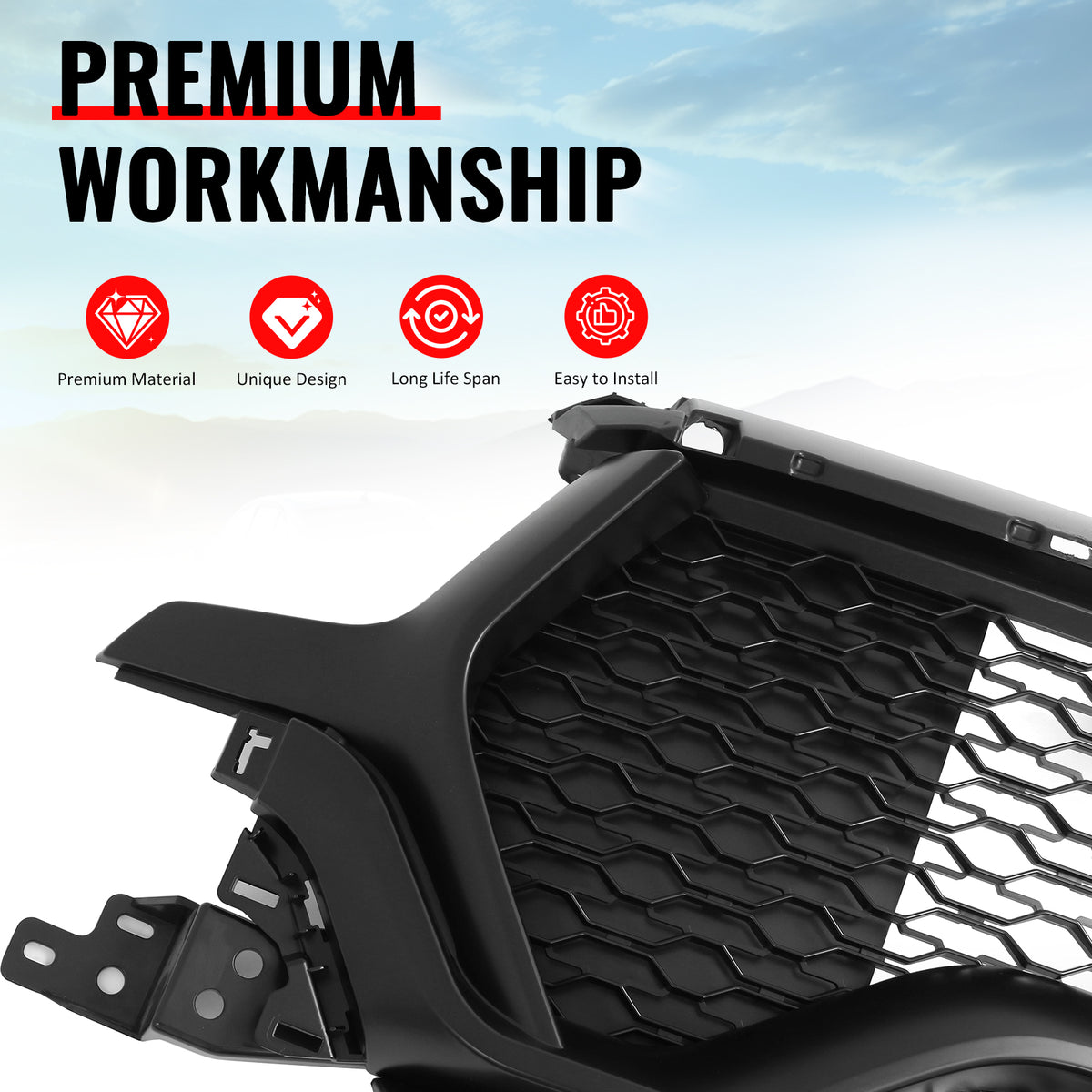Fits 19-24 Ram 1500 Longhorn TRX Style Front Bumper Hood Grille Matte Black ABS