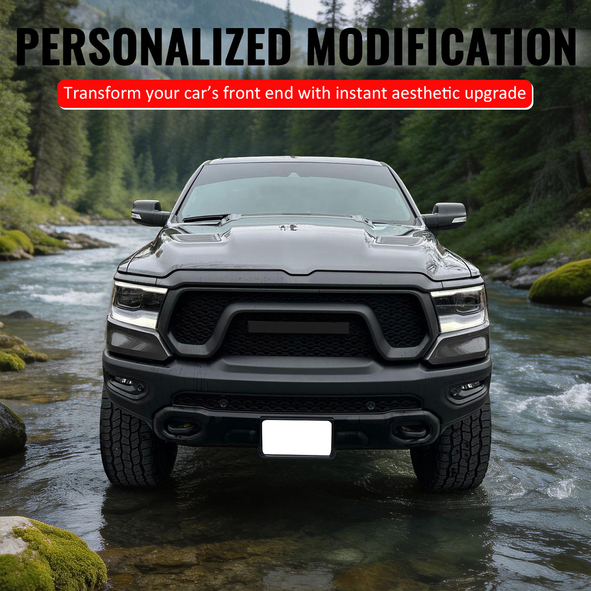 For 19-24 Ram 1500 Rebel OE Style Front Bumper Hood Grille Cover Matte Black ABS