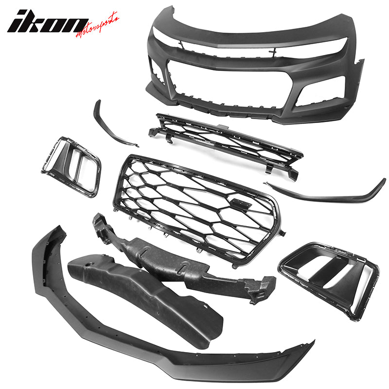 IKON MOTORSPORTS, Front Bumper Conversion Compatible With 2019-2024 Chevy Camaro LS LT LT1, ZL1 Style Unpainted Black PP Bumper Cover Guard Bodykit, 2020 2021 2022 2023