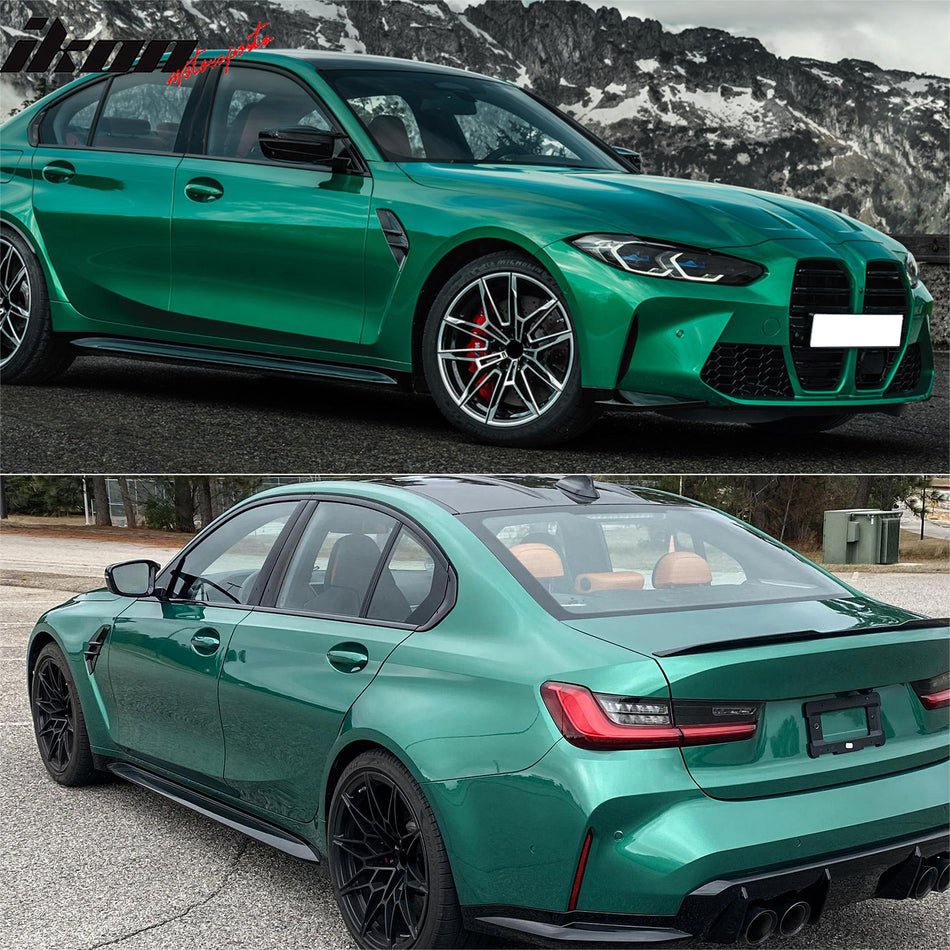 IKON MOTORSPORTS, Fenders w/ Side Vent Compatible With 2019-2025 BMW 3 Series G20 Sedan, M3 M4 Style Black Driver Passenger Side Fender & Gloss Black Vent Cover Set