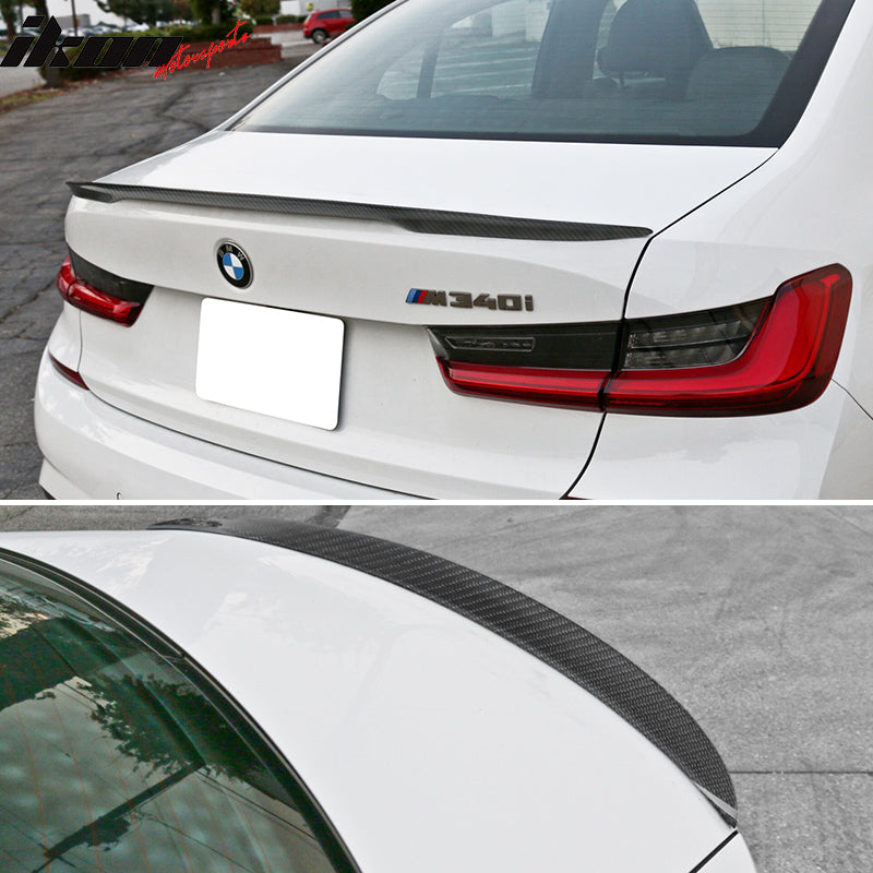 IKON MOTORSPORTS, Trunk Spoiler Compatible With 2019-2026 BMW G20 3-Series & 2021-2026 BMW G80 M3, P Style Rear Trunk Boot Lid Wing Real Carbon Fiber, 2020 2021