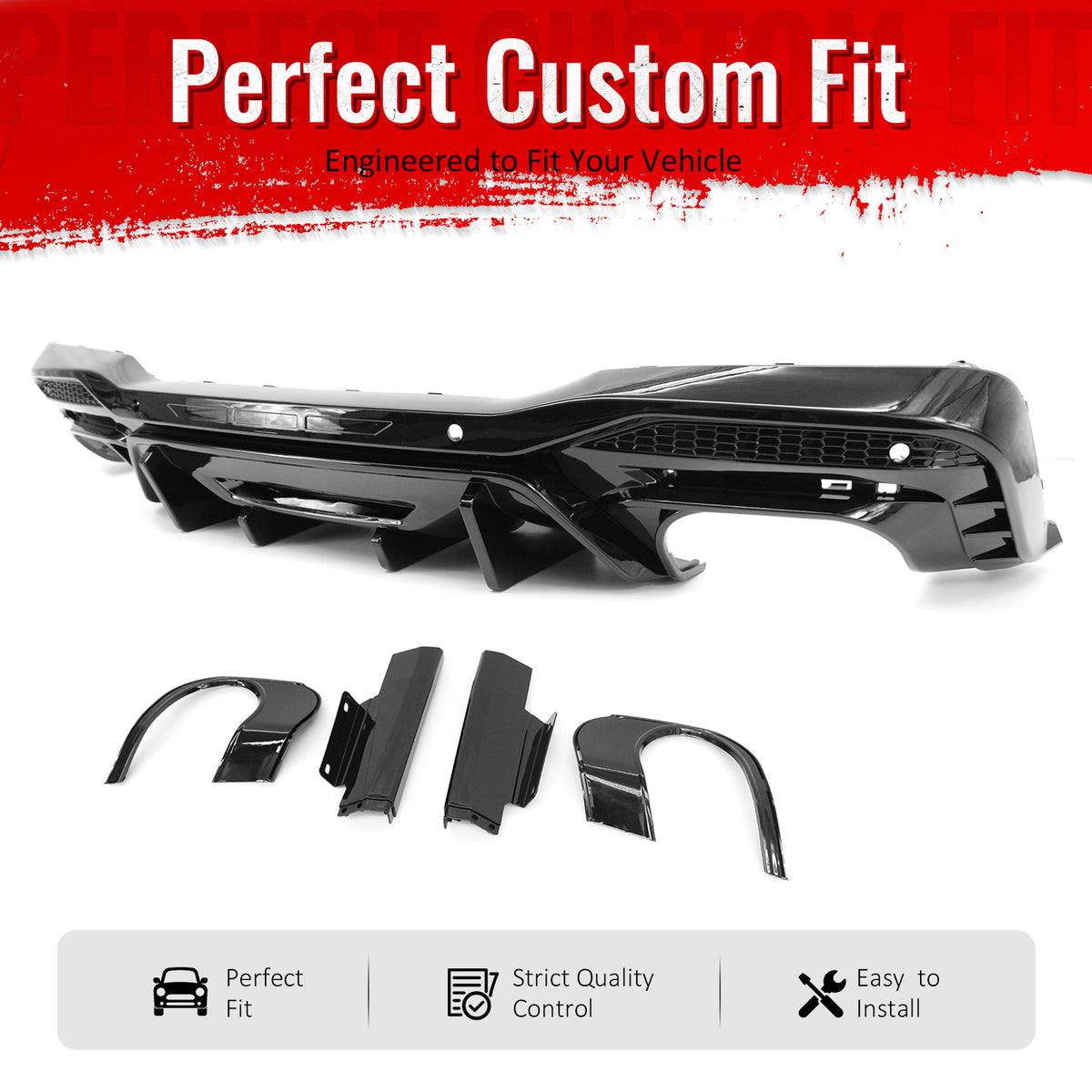 IKON MOTORSPORTS Rear Diffuser, Compatible with 2024-2026 Ford Mustang V6/GT,  Competition Style Gloss Black PP Polypropylene Shark Fin Rear Bumper Valance Spoiler, Air Dam Chin Splitter Molding 1PC