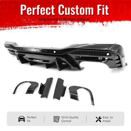 IKON MOTORSPORTS Rear Diffuser, Compatible with 2024-2026 Ford Mustang V6/GT,  Competition Style Gloss Black PP Polypropylene Shark Fin Rear Bumper Valance Spoiler, Air Dam Chin Splitter Molding 1PC