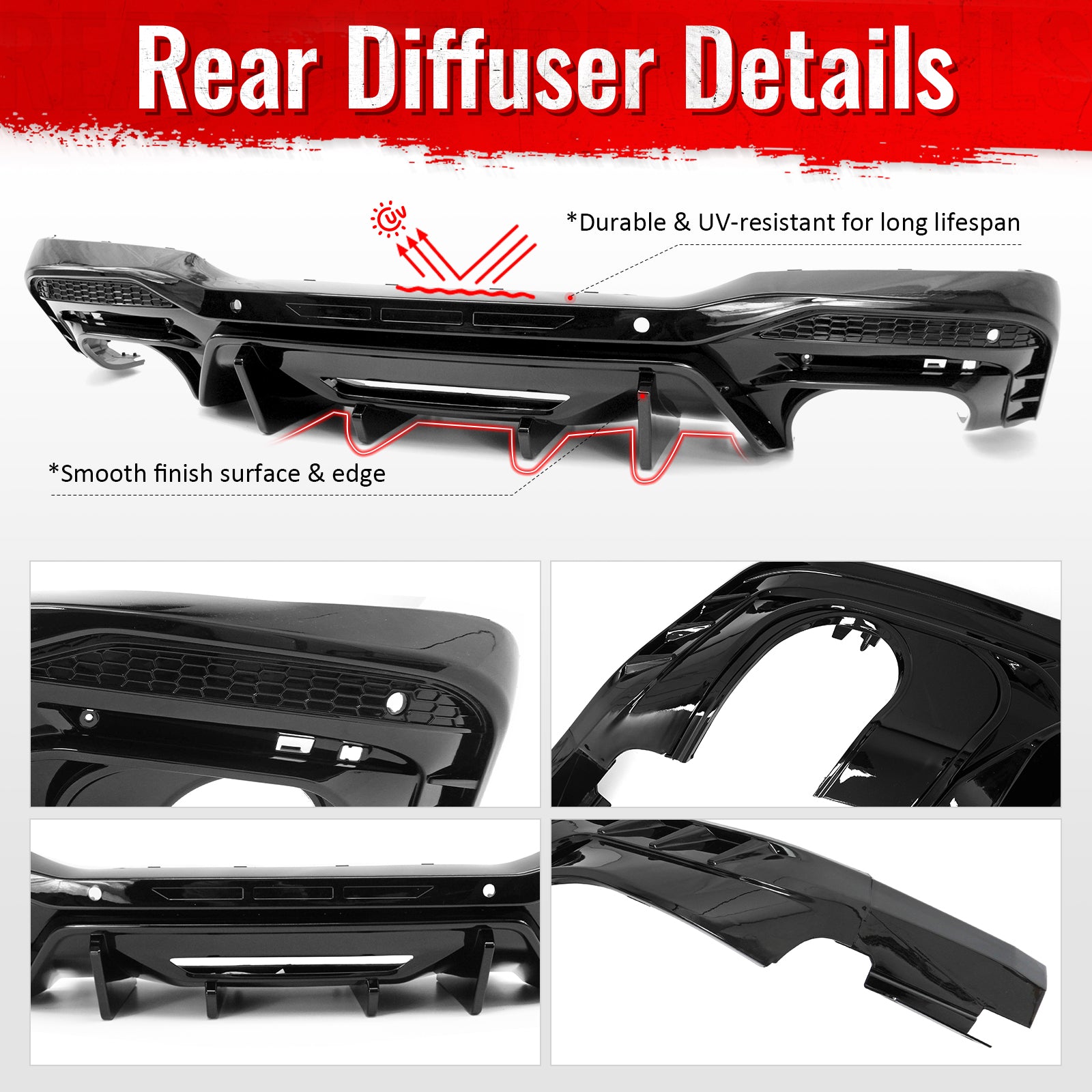 Fits 24-26 Ford Mustang V6/GT Rear Bumper Diffuser Competition Style Gloss Black