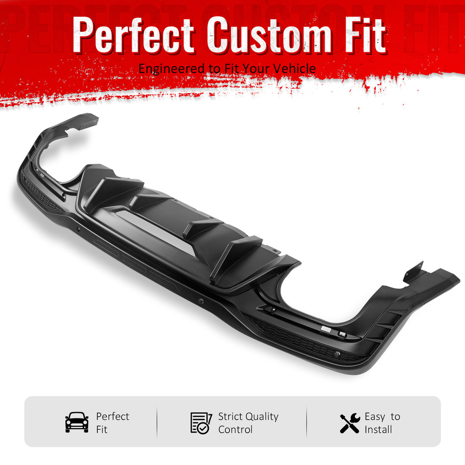 IKON MOTORSPORTS Rear Diffuser, Compatible with 2024-2026 Ford Mustang V6/GT,  Competition Style Matte Black PP Polypropylene Shark Fin Rear Bumper Valance Spoiler, Air Dam Chin Splitter Molding 1PC