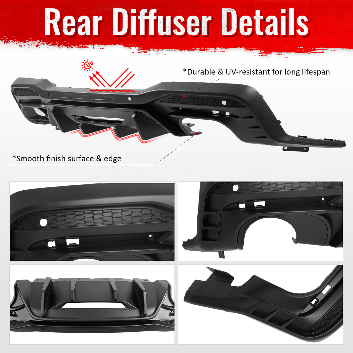 Fits 24-26 Ford Mustang V6/GT Rear Bumper Diffuser Competition Style Matte Black