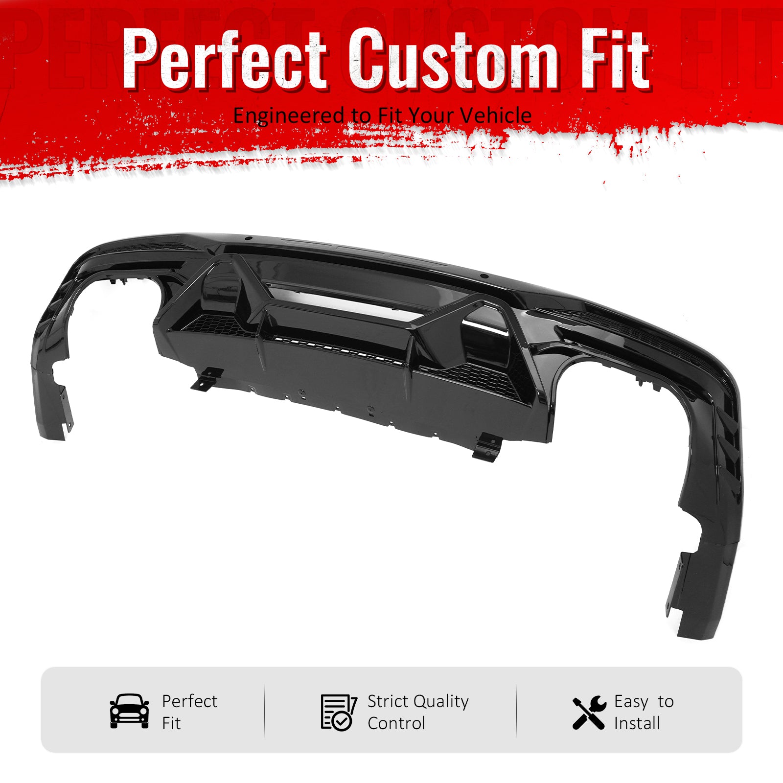 IKON MOTORSPORTS Rear Diffuser, Compatible with 2024-2026 Ford Mustang V6/GT, Dark Horse Style Gloss Black PP Polypropylene Shark Fin Rear Bumper Valance Spoiler, Air Dam Chin Splitter Molding 1PC