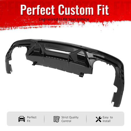 IKON MOTORSPORTS Rear Diffuser, Compatible with 2024-2026 Ford Mustang V6/GT, Dark Horse Style Gloss Black PP Polypropylene Shark Fin Rear Bumper Valance Spoiler, Air Dam Chin Splitter Molding 1PC