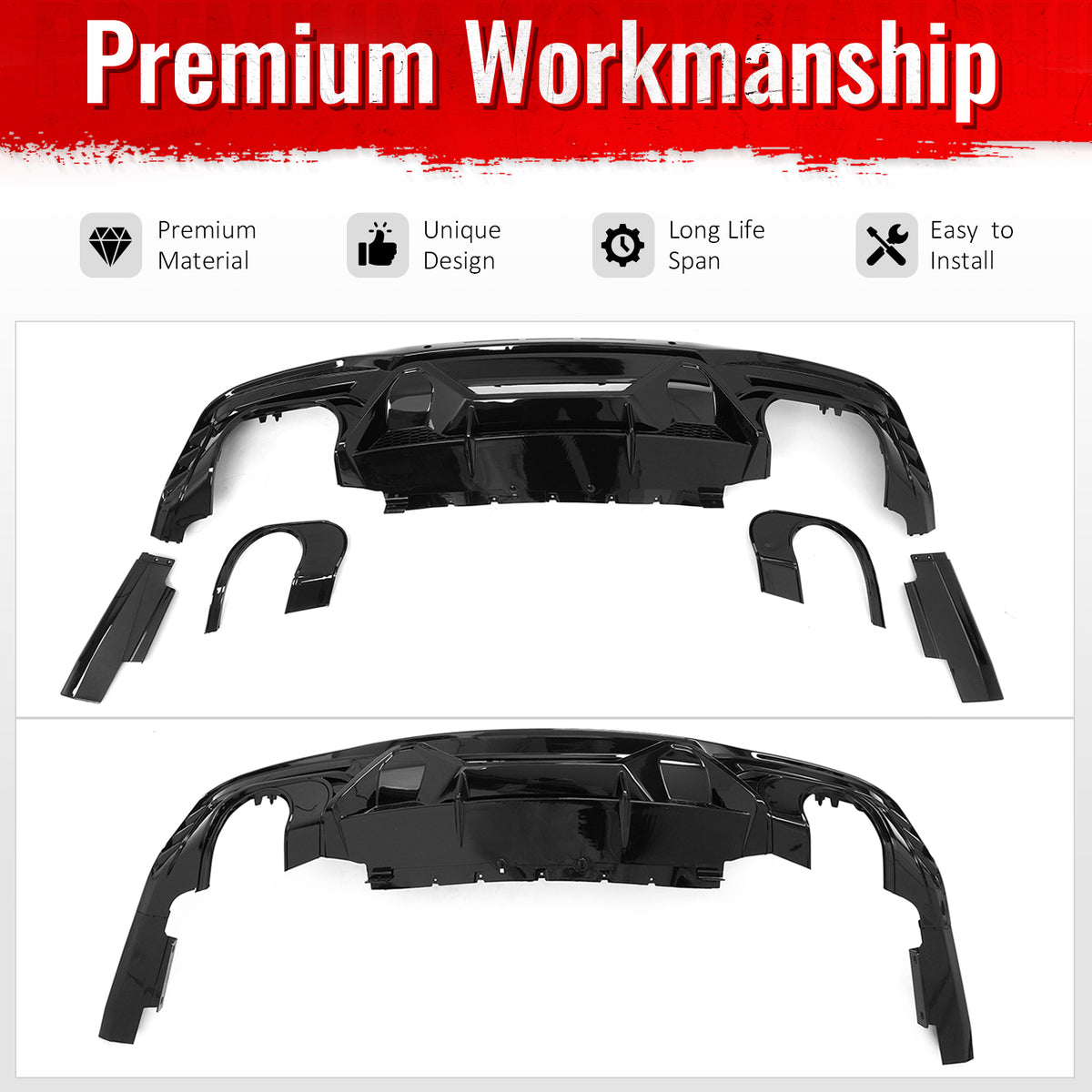 Fits 24-26 Ford Mustang V6/GT Rear Bumper Diffuser Dark Horse Style Gloss Black