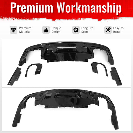 Fits 24-26 Ford Mustang V6/GT Rear Bumper Diffuser Dark Horse Style Gloss Black