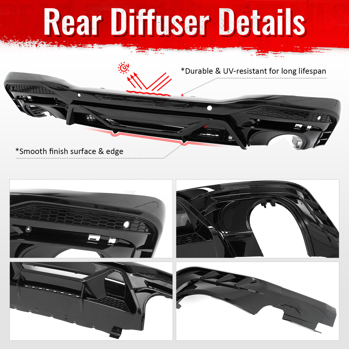 Fits 24-26 Ford Mustang V6/GT Rear Bumper Diffuser Dark Horse Style Gloss Black