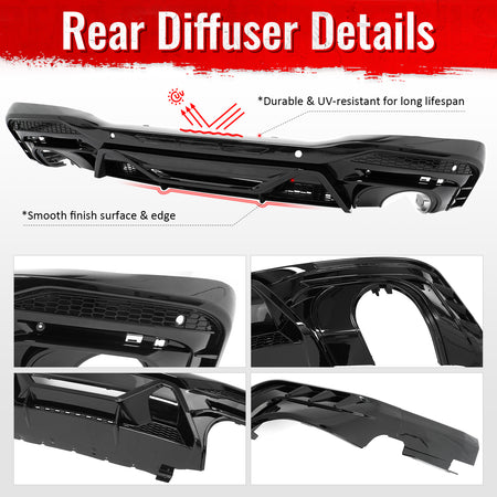 Fits 24-26 Ford Mustang V6/GT Rear Bumper Diffuser Dark Horse Style Gloss Black