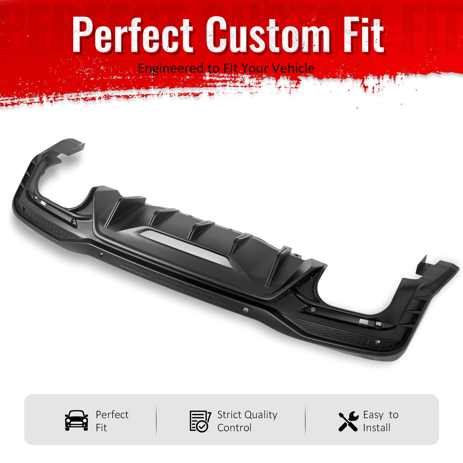 IKON MOTORSPORTS Rear Diffuser, Compatible with 2024-2026 Ford Mustang V6/GT, Rock Style Matte Black PP Polypropylene Shark Fin Rear Bumper Valance Spoiler, Air Dam Chin Splitter Molding 1PC