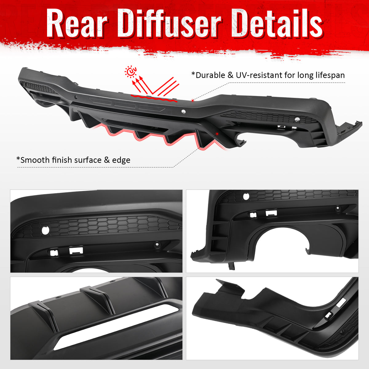 Fits 24-26 Ford Mustang V6/GT Rear Bumper Diffuser Rock Style Matte Black Lip