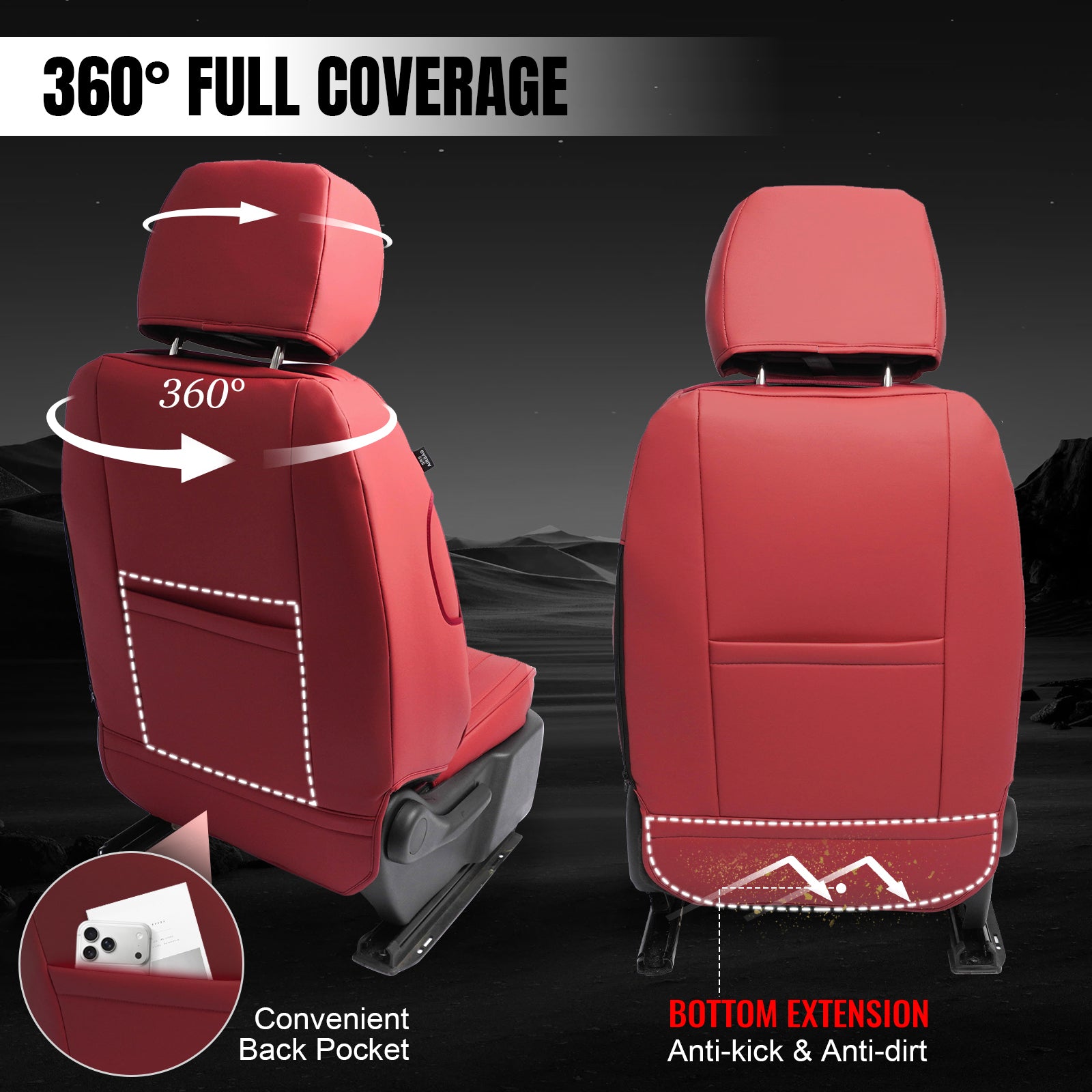 IKON MOTORSPORTS Car Seat Covers Compatible with 2019-2026 Chevy Silverado GMC Sierra 1500 2500HD 3500HD, Waterproof Easy Clean PVC Driver Seat Cushion Protector Cover (Full Set, Red)