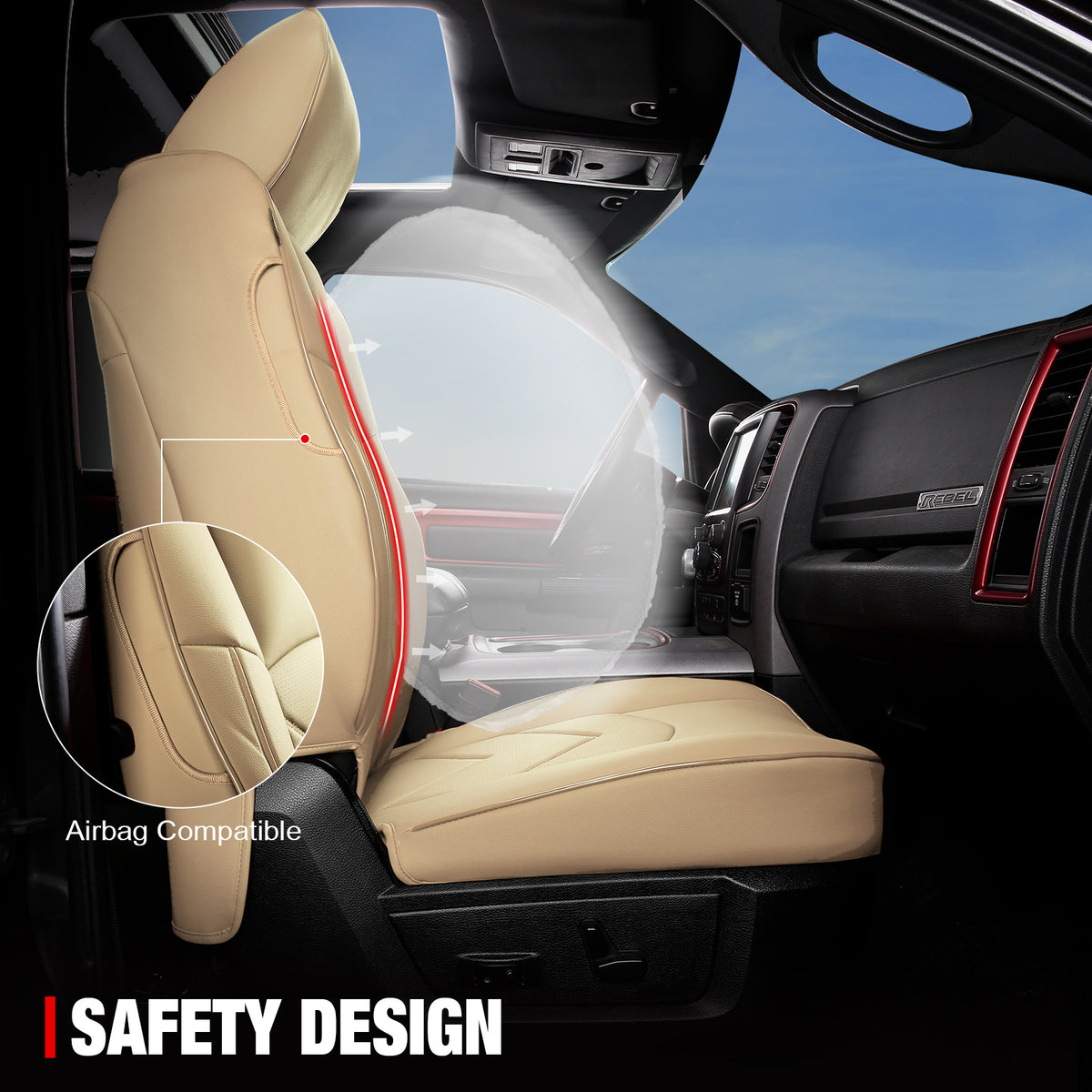 Fits 19-26 Dodge Ram 1500 Crew Cab Pickup Front Row Seat Covers Protector Beige