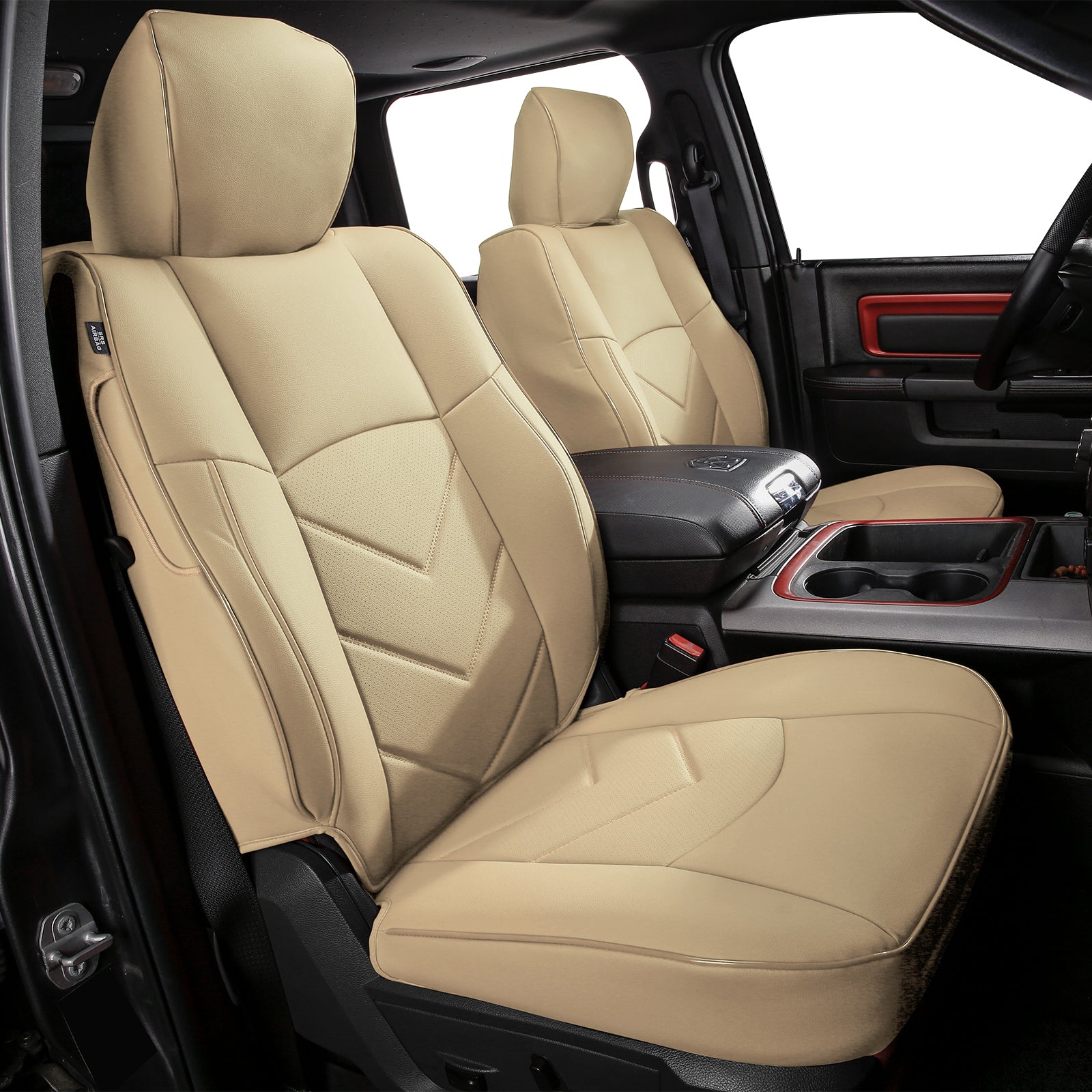 IKON MOTORSPORTS Car Seat Covers Compatible with 2019-2026 Dodge Ram 1500 Crew Cab Pickup, Waterproof Easy Clean PVC Driver Seat Cushion Protector Cover (Full Set, Beige)