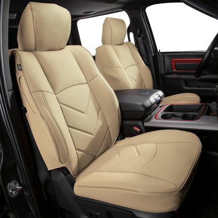 IKON MOTORSPORTS Car Seat Covers Compatible with 2019-2026 Dodge Ram 1500 Crew Cab Pickup, Waterproof Easy Clean PVC Driver Seat Cushion Protector Cover (Full Set, Beige)
