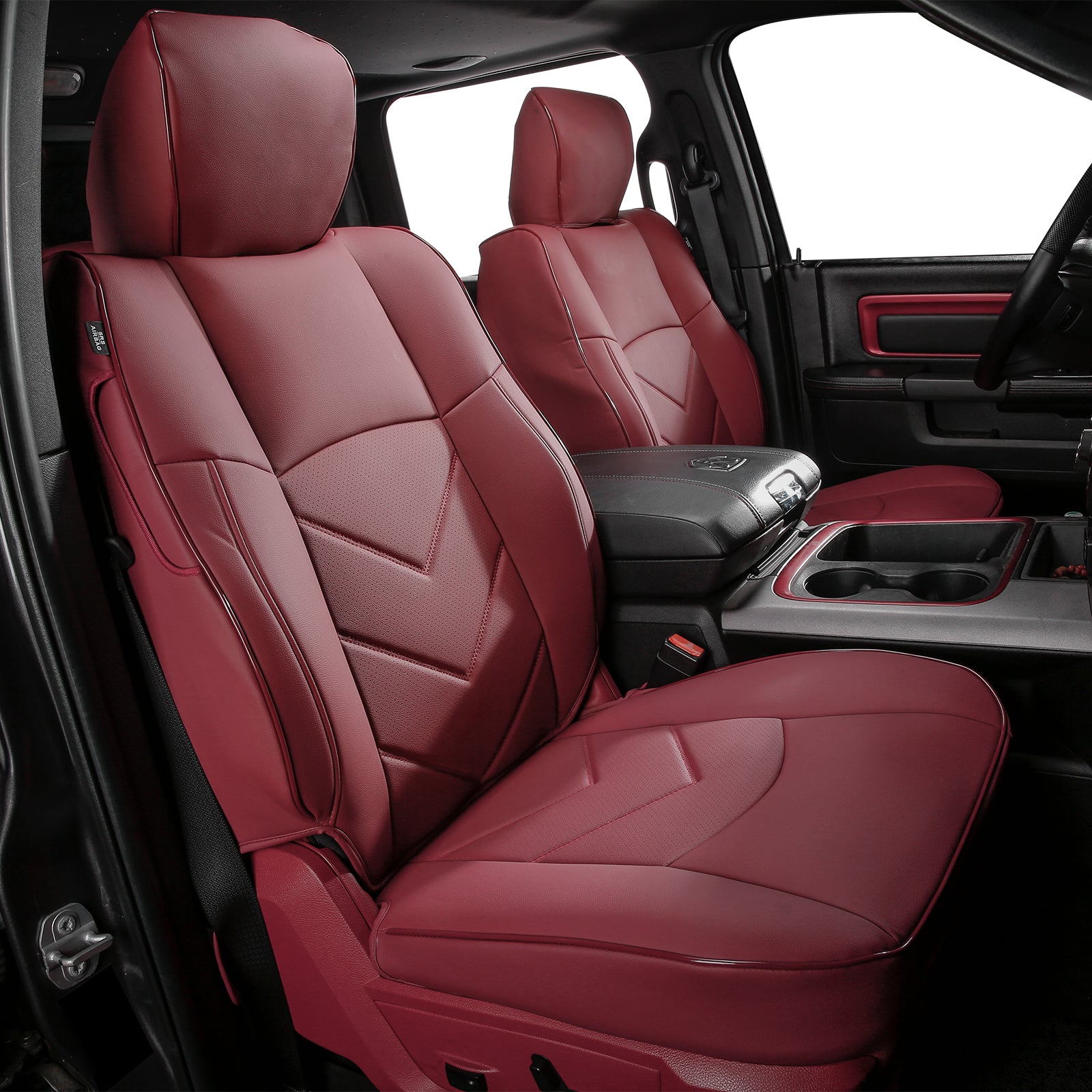 IKON MOTORSPORTS Car Seat Covers Compatible with 2019-2026 Dodge Ram 1500 Crew Cab Pickup, Waterproof Easy Clean PVC Driver Seat Cushion Protector Cover (Full Set, Red)