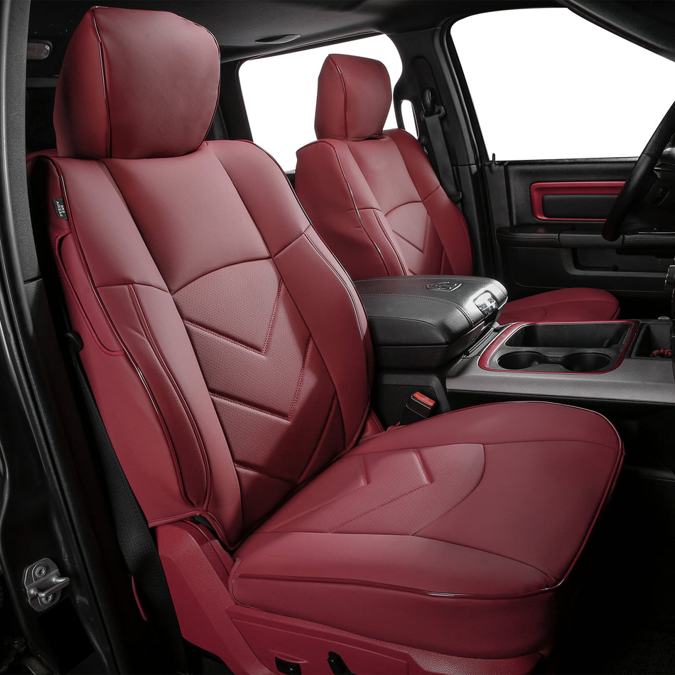 IKON MOTORSPORTS Car Seat Covers Compatible with 2019-2026 Dodge Ram 1500 Crew Cab Pickup, Waterproof Easy Clean PVC Driver Seat Cushion Protector Cover (Full Set, Red)