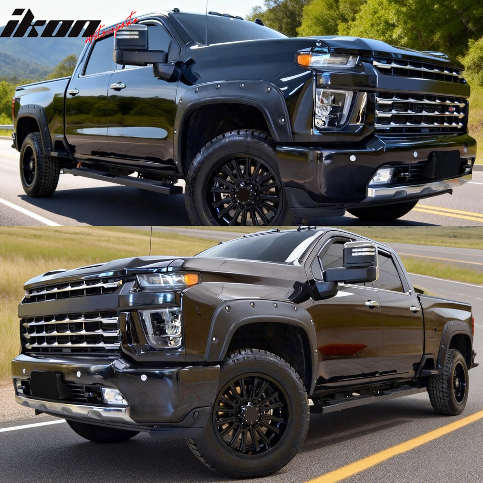 IKON MOTORSPORTS Fender Flares Compatible with 2020-2026 Chevrolet Silverado 2500 HD, Pocket Riveted Style Injection Molded PP Black Wheel Flare Cover Protector Set, 4 Pcs, Front & Rear
