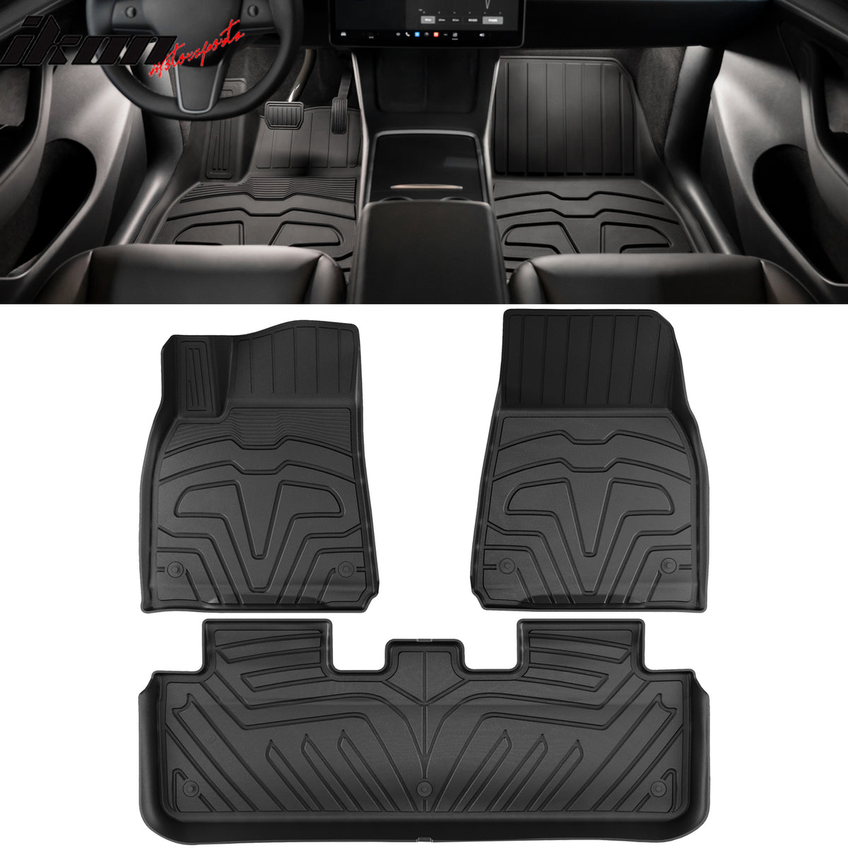 IKON MOTORSPORTS 3D TPE Floor Mats + Trunk Mat, Compatible with 2020-2024 Tesla Model Y, All Weather Floor Liners, Front & 2nd Row Full Set Custom Protection Heavy Duty Rear Tray Cargo Mats, Black