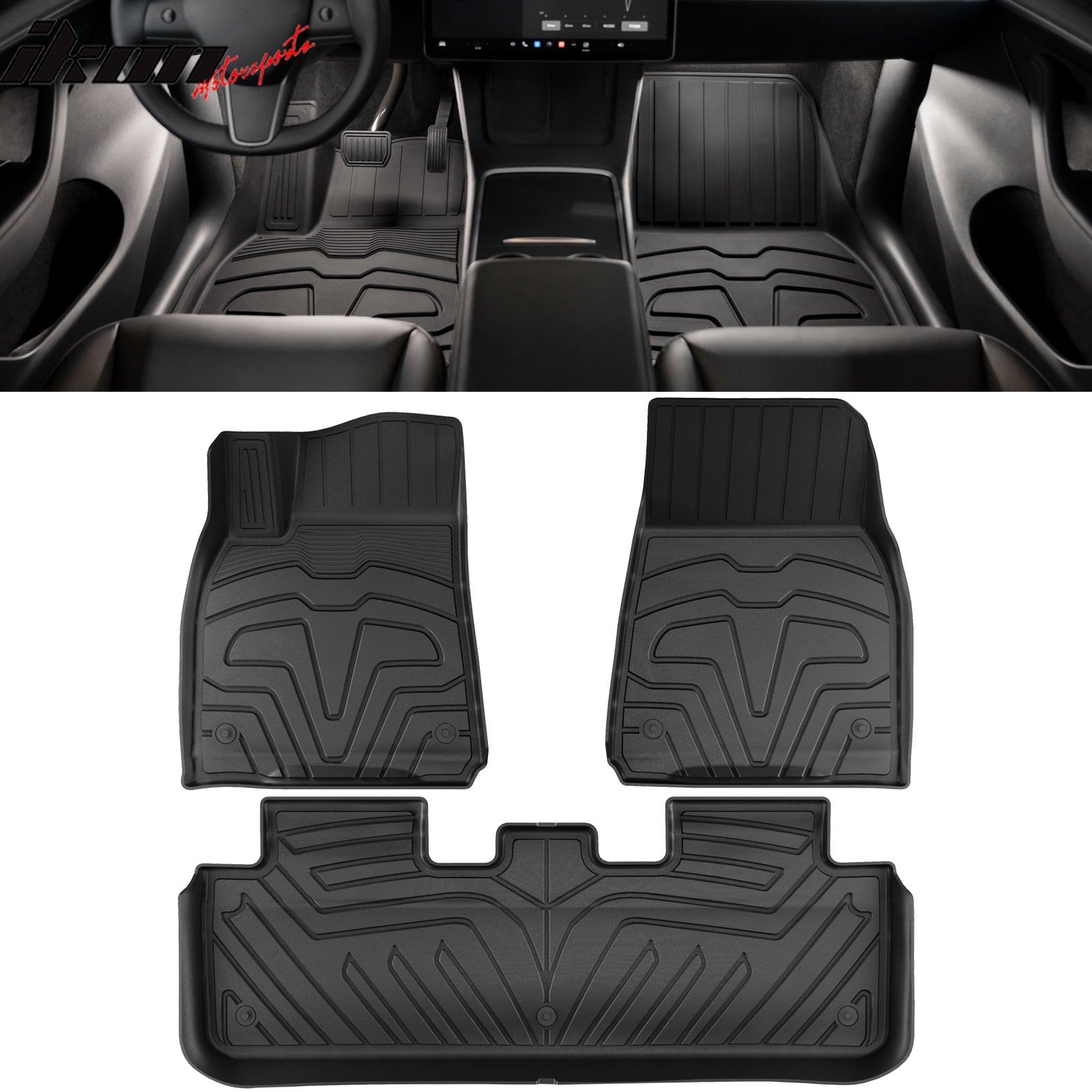 IKON MOTORSPORTS 3D TPE Floor Mats + Trunk Mat, Compatible with 2020-2024 Tesla Model Y, All Weather Floor Liners, Front & 2nd Row Full Set Custom Protection Heavy Duty Rear Tray Cargo Mats, Black