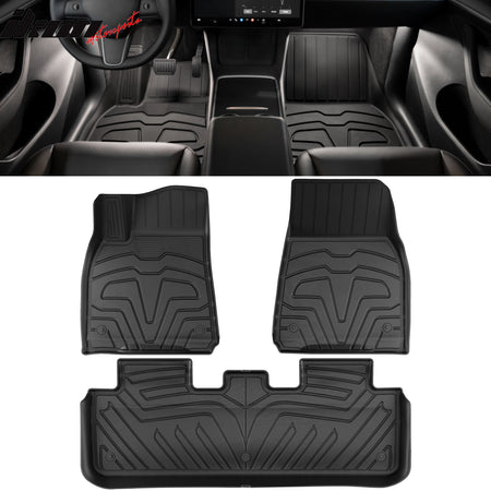 IKON MOTORSPORTS 3D TPE Floor Mats + Trunk Mat, Compatible with 2020-2024 Tesla Model Y, All Weather Floor Liners, Front & 2nd Row Full Set Custom Protection Heavy Duty Rear Tray Cargo Mats, Black