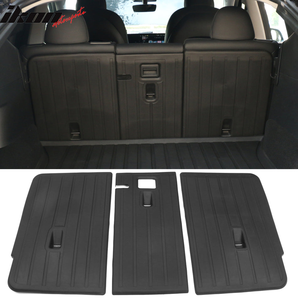 IKON MOTORSPORTS, Trunk Mats + Protector Backrest Covers Compatible with 2020-2024 Tesla Model Y 5 Seats Model, Black Injection TPE All Weather Anti-Slip Frunk Trunk Under Cargo Storage Liner Mat