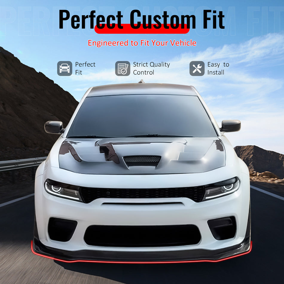 IKON MOTORSPORTS Front Bumper Lip, Compatible with 2020-2023 Dodge Charger Widebody IKON Style Carbon Fiber Print ABS Injection Shark Fin Add-on Air Dam Chin Spoiler Protector Splitter 7PCS
