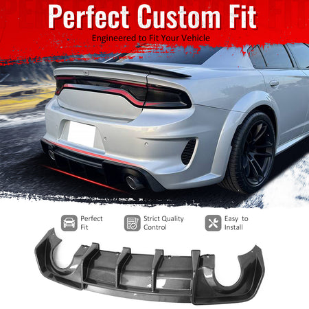 IKON MOTORSPORTS Rear Diffuser, Compatible with 2020-2023 Dodge Chager Widebody,  IKON V4 Style Carbon Fiber Print PP Shark Fin Rear Bumper Valance Spoiler, Air Dam Chin Splitter Molding 1PC