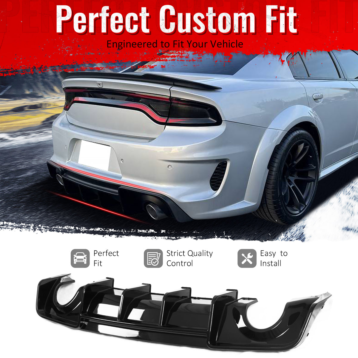 IKON MOTORSPORTS Rear Diffuser, Compatible with 2020-2023 Dodge Chager Widebody,  IKON V4 Style Gloss Black PP Polypropylene Shark Fin Rear Bumper Valance Spoiler, Air Dam Chin Splitter Molding 1PC