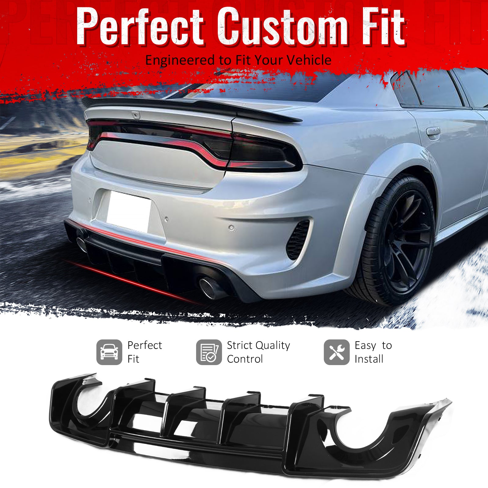 IKON MOTORSPORTS Rear Diffuser, Compatible with 2020-2023 Dodge Chager Widebody,  IKON V4 Style Gloss Black PP Polypropylene Shark Fin Rear Bumper Valance Spoiler, Air Dam Chin Splitter Molding 1PC