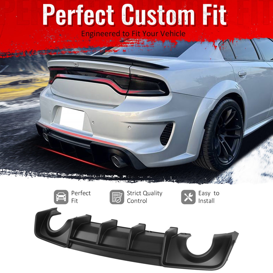 IKON MOTORSPORTS Rear Diffuser, Compatible with 2020-2023 Dodge Chager Widebody,  IKON V4 Style Matte Black PP Polypropylene Shark Fin Rear Bumper Valance Spoiler, Air Dam Chin Splitter Molding 1PC