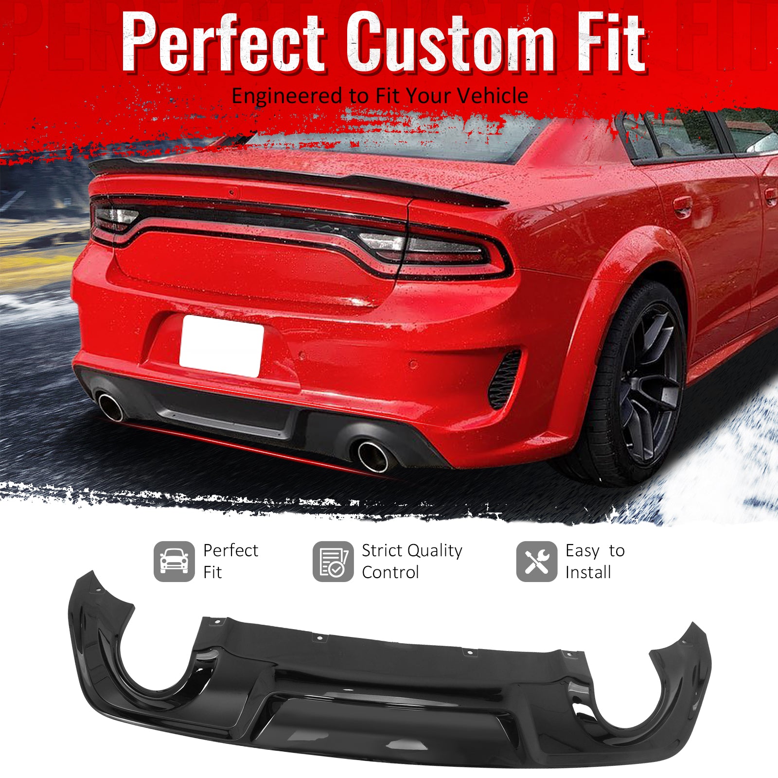 IKON MOTORSPORTS Rear Diffuser, Compatible with 2020-2023 Dodge Chager Widebody,  Factory Style Gloss Black PP Polypropylene Shark Fin Rear Bumper Valance Spoiler, Air Dam Chin Splitter Molding 1PC