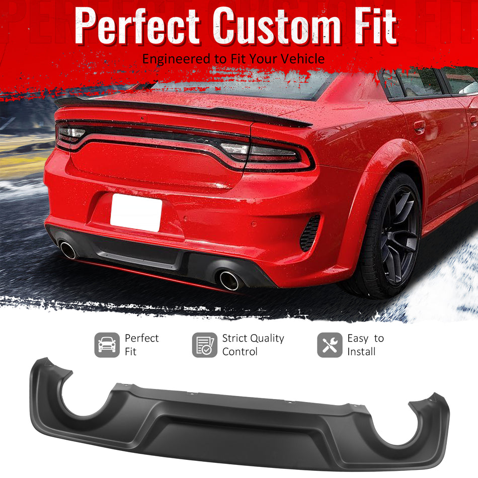 IKON MOTORSPORTS Rear Diffuser, Compatible with 2020-2023 Dodge Chager Widebody,  Factory Style Matte Black PP Polypropylene Shark Fin Rear Bumper Valance Spoiler, Air Dam Chin Splitter Molding 1PC