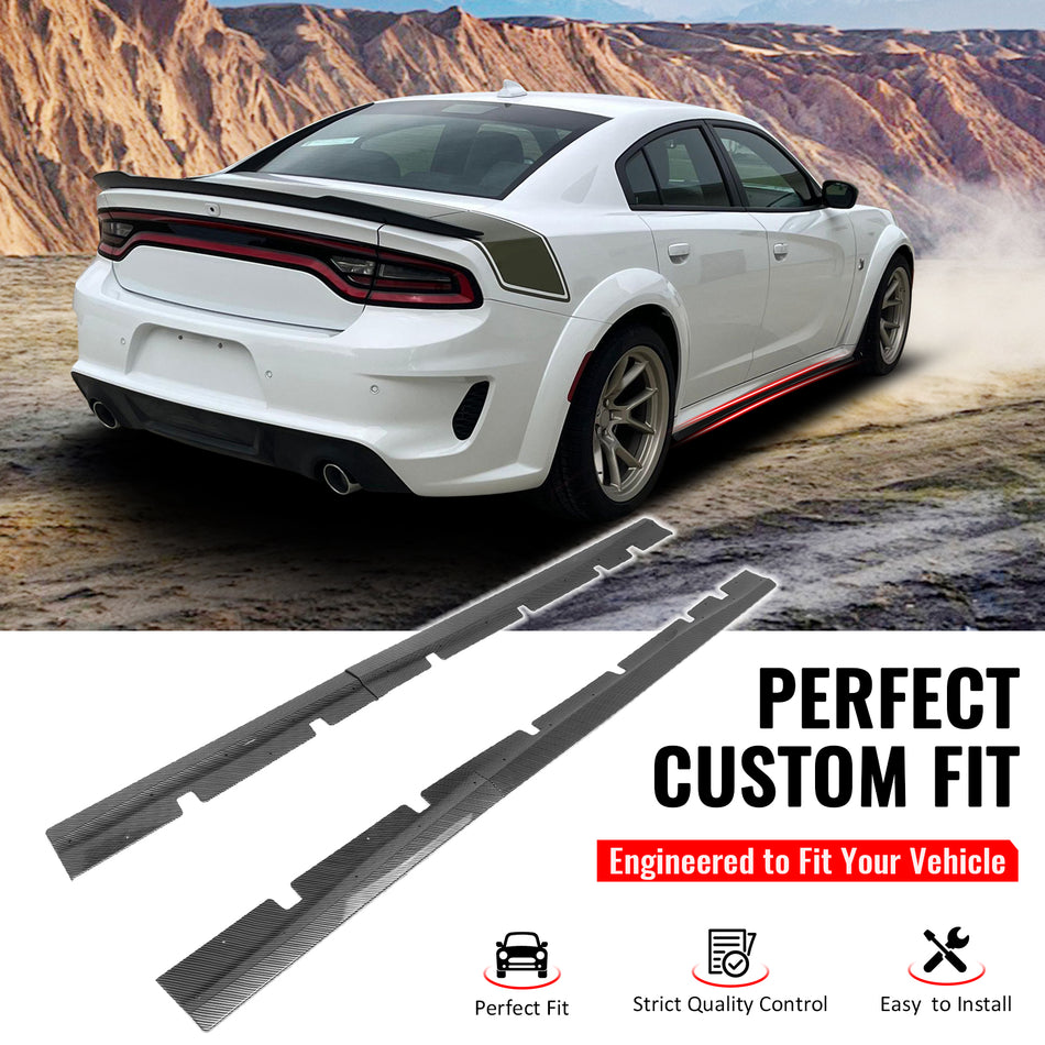 IKON MOTORSPORTS, Side Skirts Extension Compatible with 2020-2023 Dodge Charger Widebody, IKON V2 Style ABS Plastic Carbon Fiber Print Rocker Panel Splitter Side Underbody Spoiler
