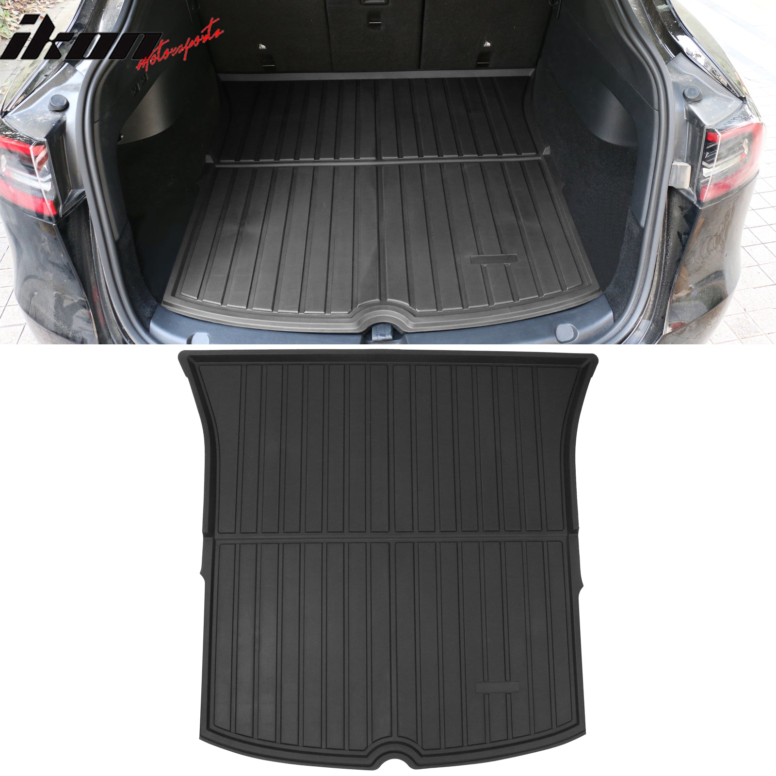 IKON MOTORSPORTS, Trunk Mats Cargo Liner Compatible with 2020-2025 Tesla Model Y, Black Injection TPE All Weather Waterproof Anti-Slip Frunk Trunk Under Cargo Storage Liner Mat Interior Accessories